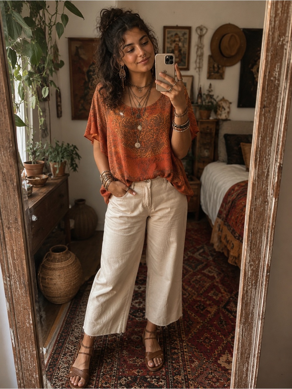 Vintage Y2K Statement Mandala Flowy Scoop Flutter Sleeve Top Early 2000’s Boho